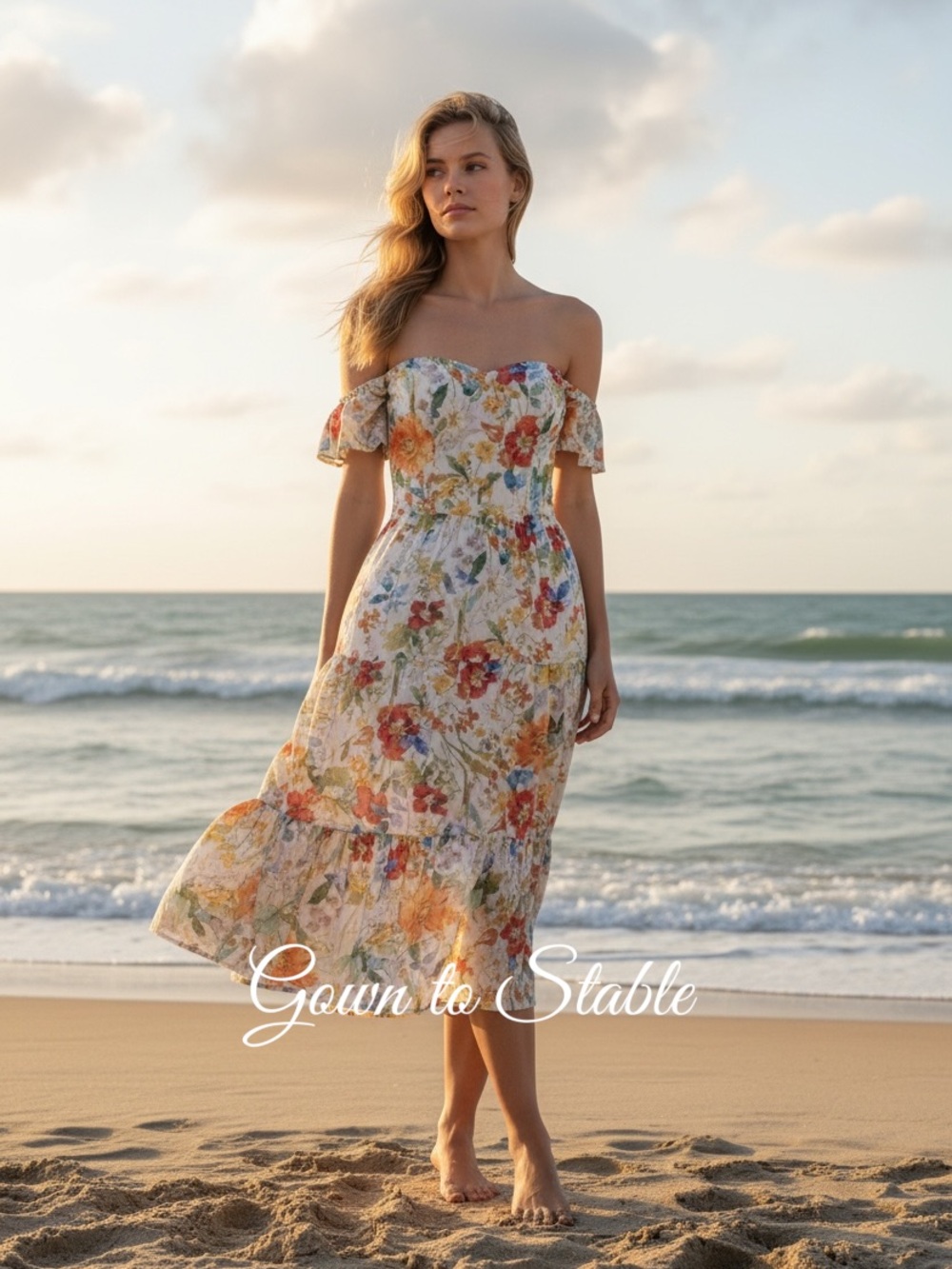 Dress the Population River Off the Shoulder Tiered Midi Dress in Canary Multi